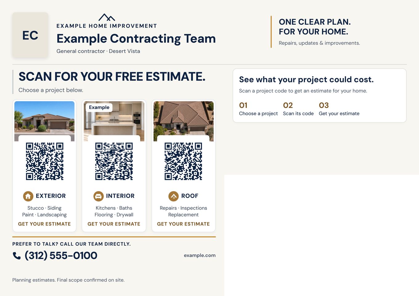 Back of the whole-home postcard, with a code for each project and the contractor's phone number.